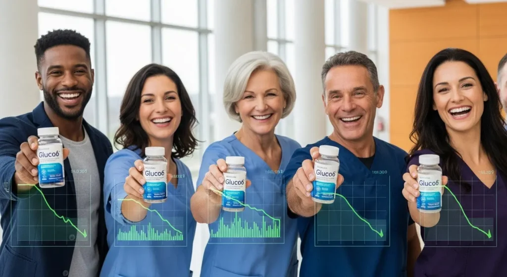 Individuals holding Gluco6 bottles