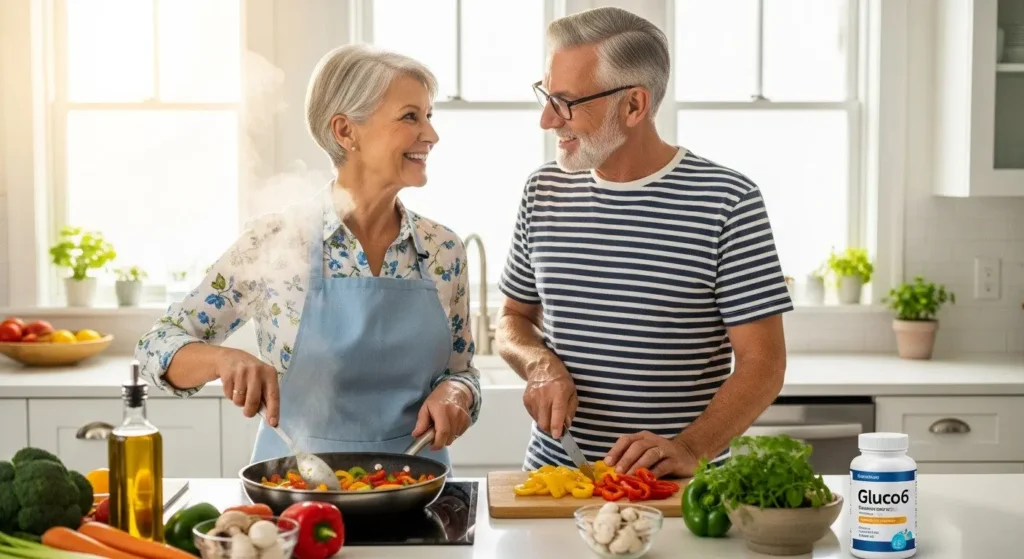 senior couple cooking healthy vegetables