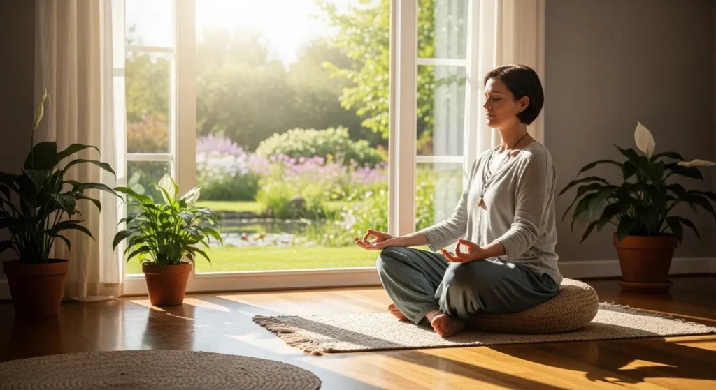 person is meditating peacefully